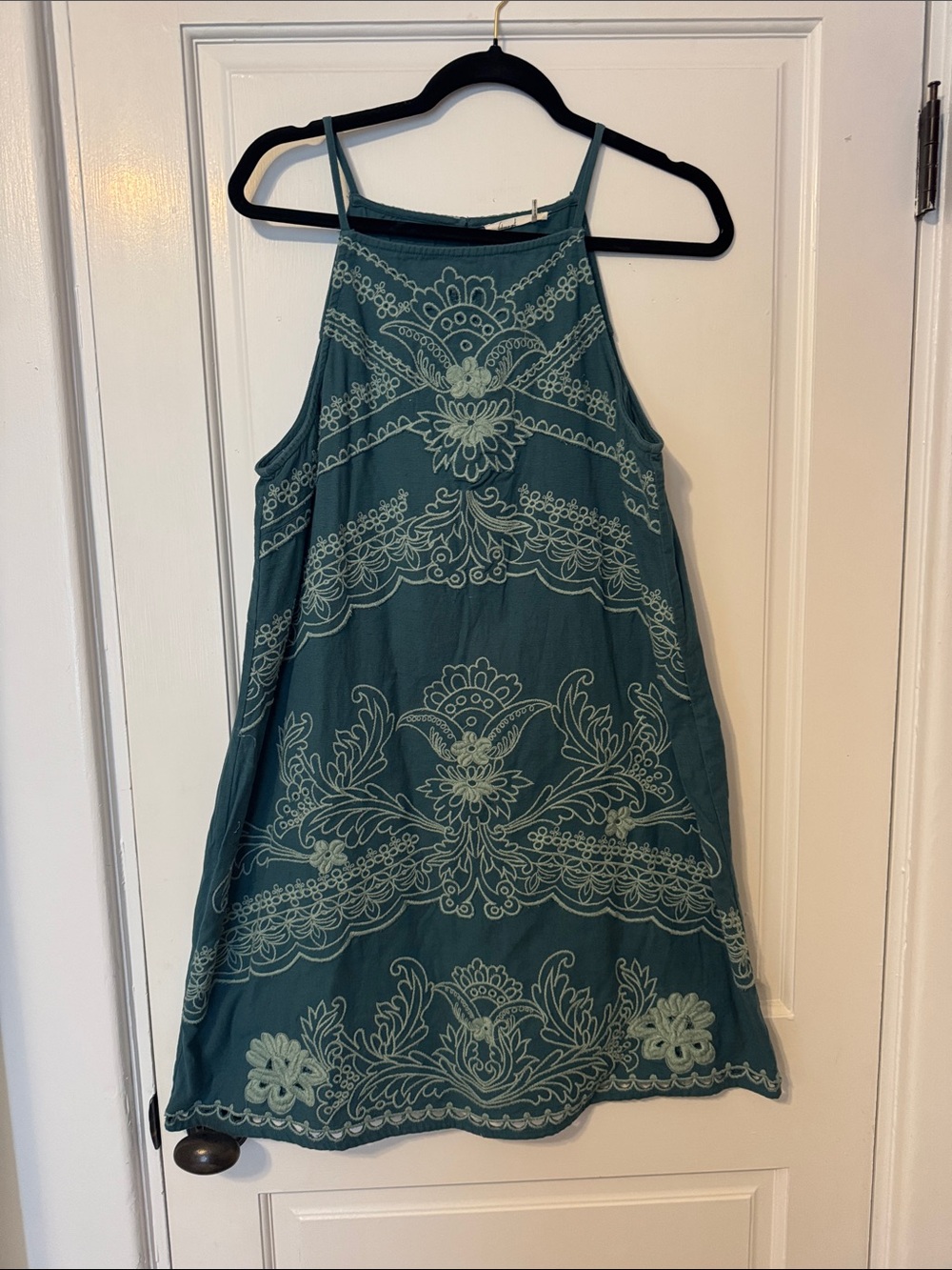 Anthropologie Teal Embroidered Cotton Linen Mini Dress Boho M